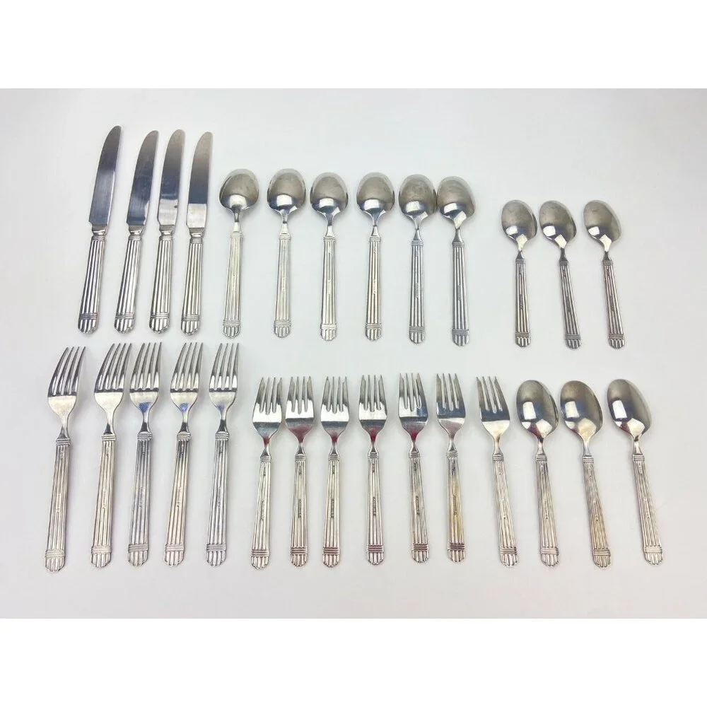 Farberware MARISSA Stainless 28pc Set Ridges Ribbed Flatware Forks Knives Spoons